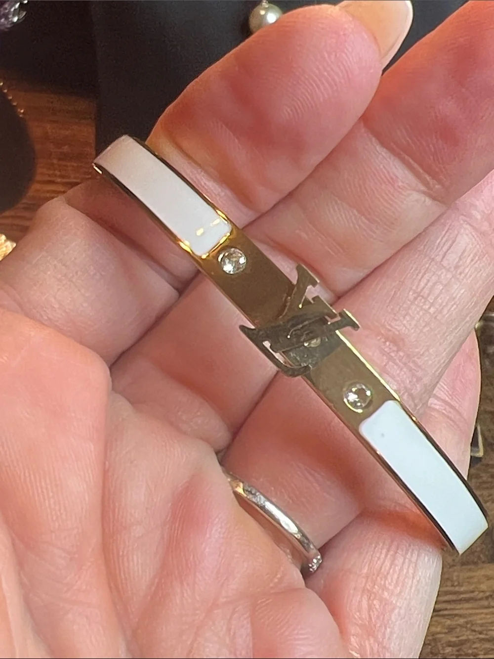 Gold-Tone Stainless Steel Bracelet with White Enamel and Crystal Accents